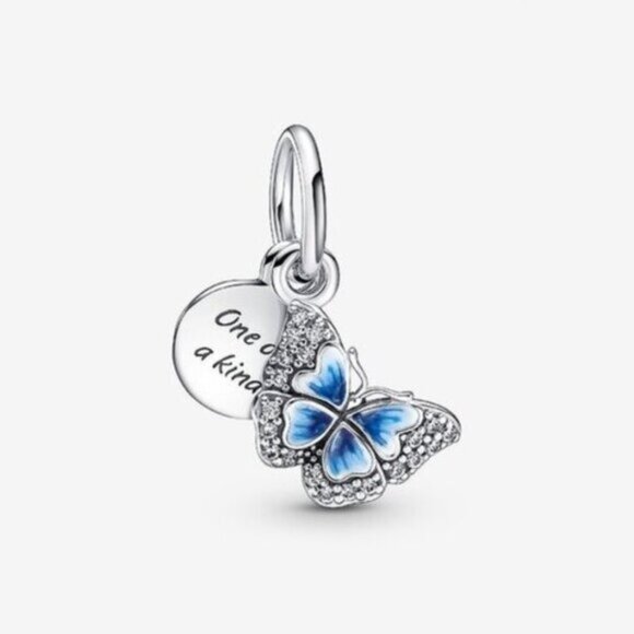 Pandora Blue Butterfly & Quote Double Dangle Charm - Picture 1 of 2